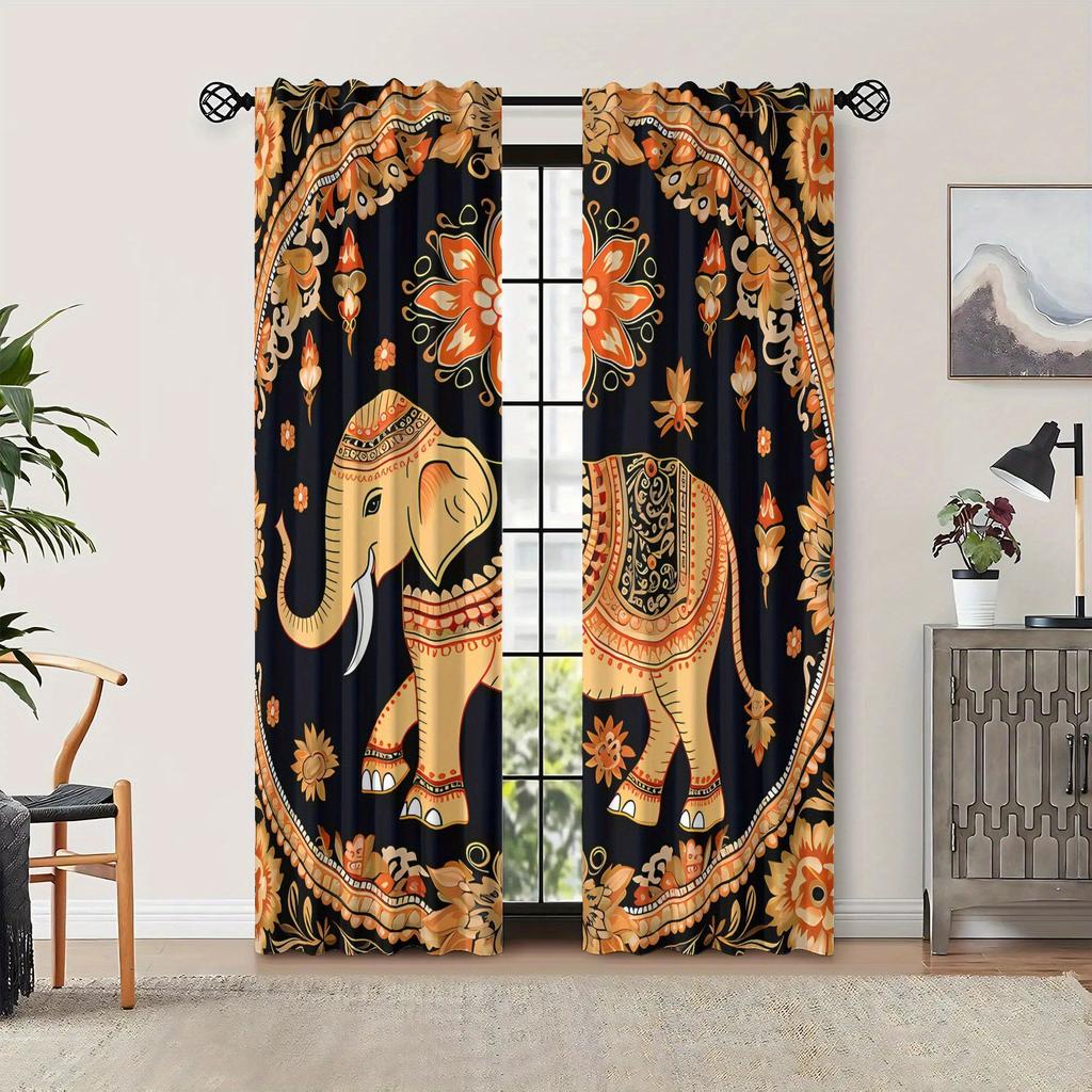 2 stuks Thaise Olifant Print Gordijnen - Levendig Bloemen- en Geometrisch Ontwerp, Verduisterend Stof, Stangzak Ophanging, Machinewasbaar