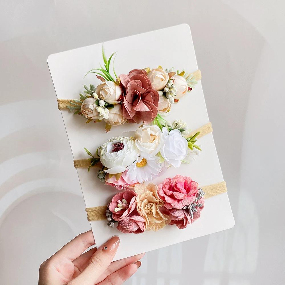 3/4Pcs Artificial Flower Headband for Kids Baby Girls Hair Band Set Floral Newborn Toddler Elastic Nylon Headwear Accessories