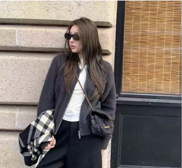 2025 Autumn Winter Pure Wool Double Zipper Women's Round Neck Fluffy Loose Knit Sweater
