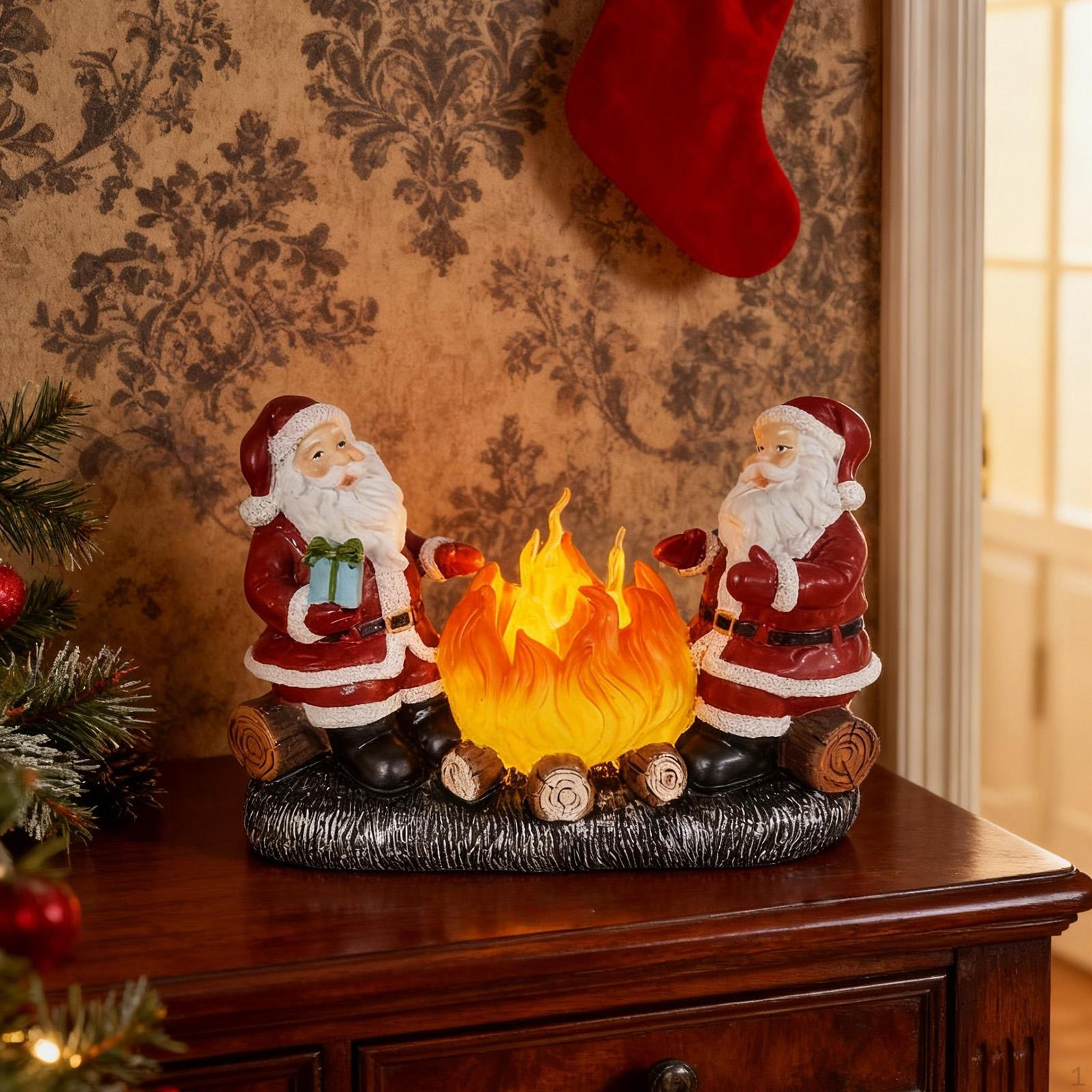 Santa Claus Figurine Xmas Desk Ornament Resin Lovely Christmas Campfire Flickering