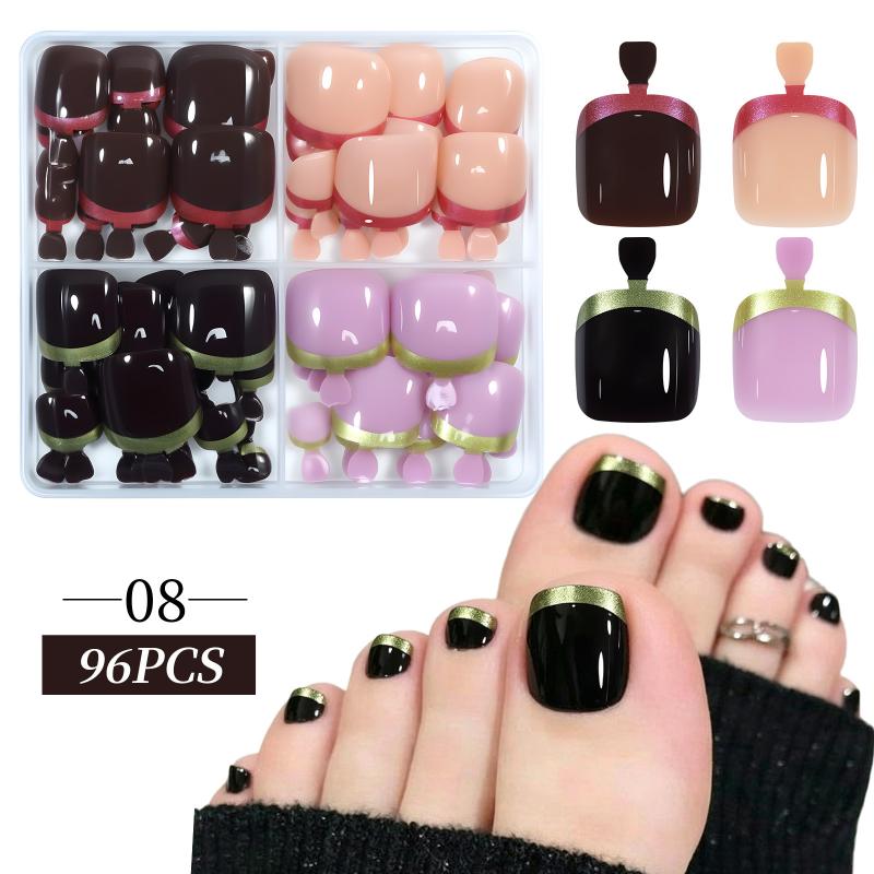 

96Pcs/Box Cat S Eye Fake Toenails French Design 4 Colors Short Square Press On Toenail Glossy Full Cover Nail Extension 8