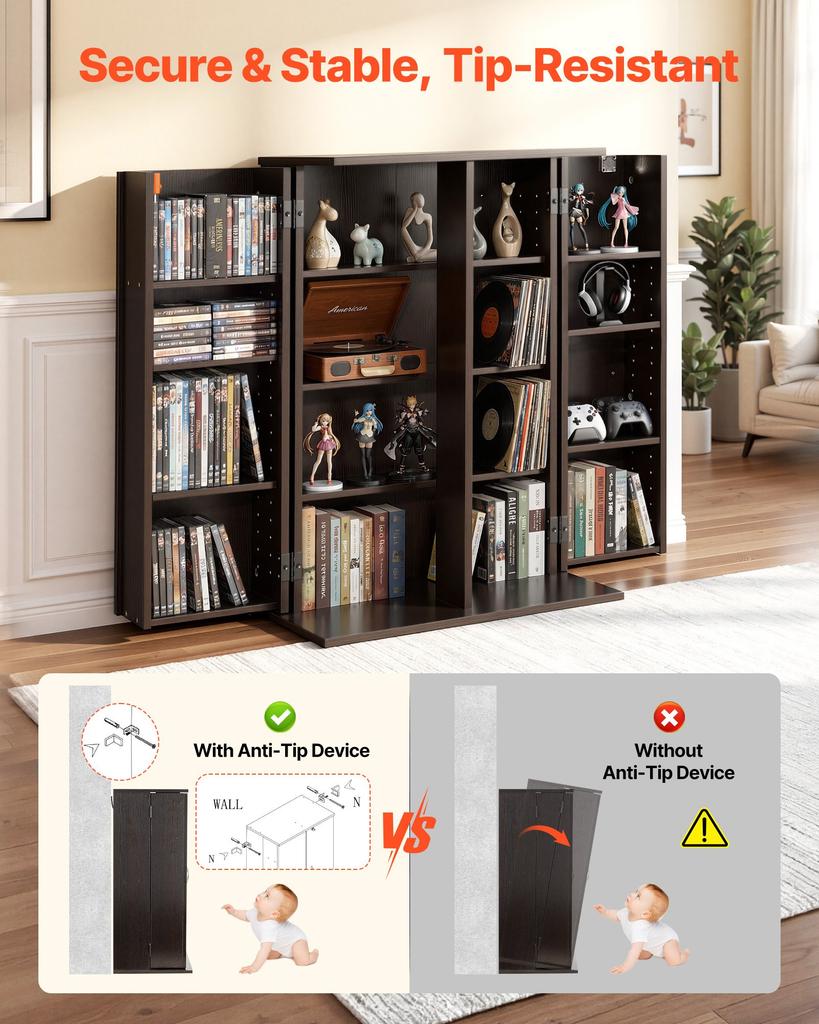 VEVOR Szafka na media, 4-poziomowy organizer na półki DVD, 610 x 368 x 846 mm Organizer na multimedia na CD, DVD, książki, gry