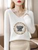 Autumn/Winter V-neck Knitwear with Digital Print and Seamless Design for Women