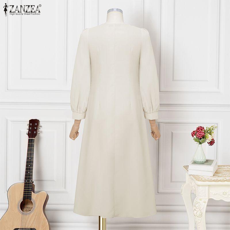 ZANZEA Women Elegant Square Collar Long Sleeve Casual Long Dress