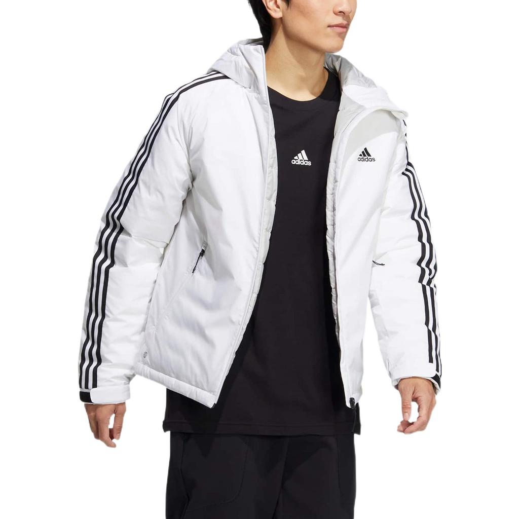 adidas Solid Color Logo Stripe Print Hooded Zip Down Jacket Men Outerwear White HN2122