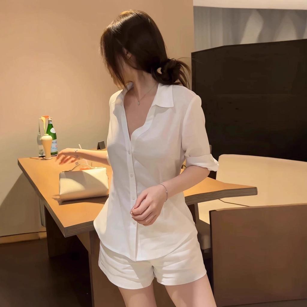 Simple white shirt women's summer slim-fitting waist pinch light cardigan jacket top