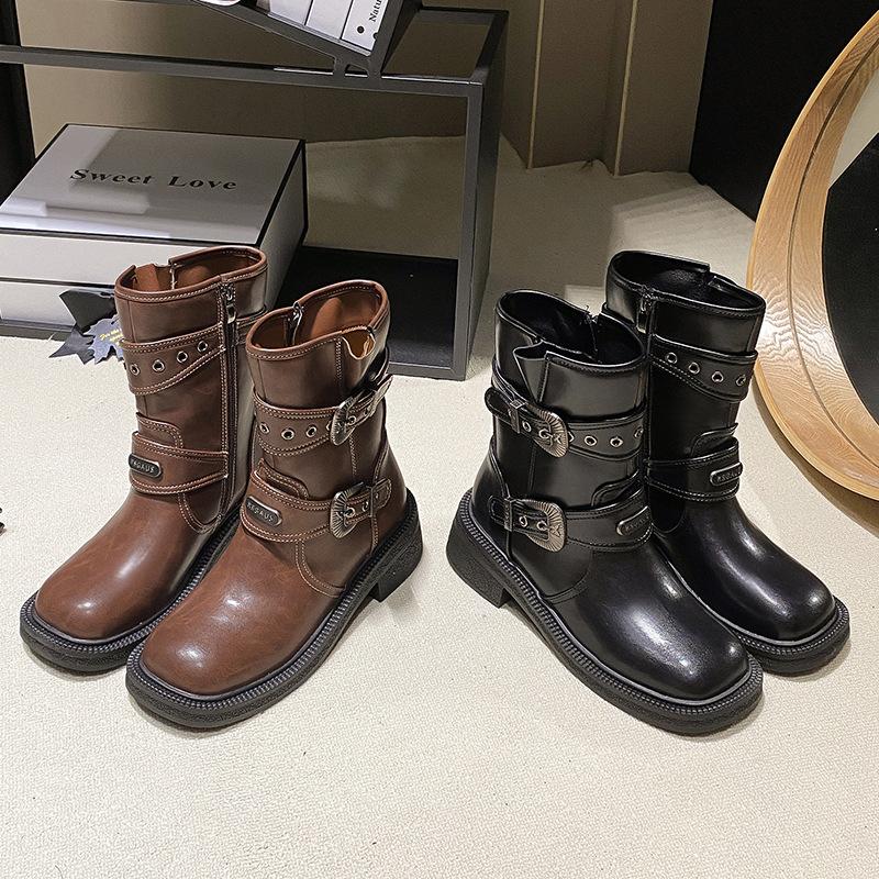 Maillard Knight Boots Women's 2025 Metal Buckle British Boots Spice Girls Vintage Versatile Square Head Buckle Strap Western Boots