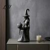 Gothic Home Decor Halloween Witch Statue Figurine with Pumpkin And Book Matte Black Porch Sculpture Mantel Shelf Desk Decor Compact Tabletop