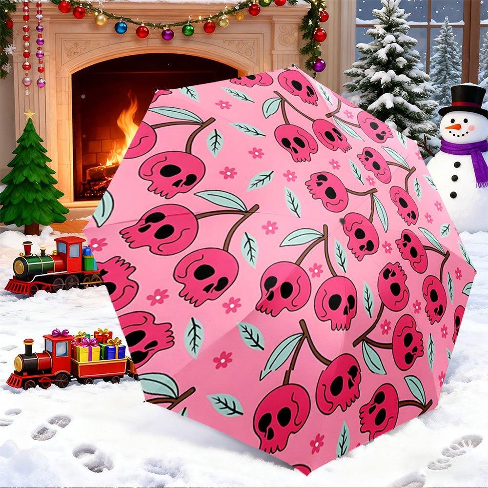

Portable Folding Umbrella | Pink Skull-Shaped Flowers on Stems with Green Leaves and Small Pink Blossoms | Fits Travel, Backpa (as the picture,Iron&8K)
