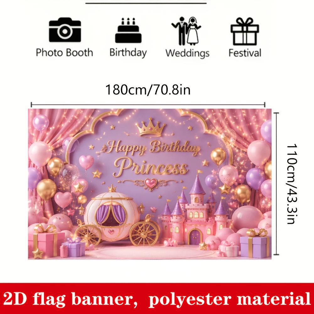 2D planar flag, 2D plane - 1 piece of 2D flag princess birthday theme background, featuring a pink castle
