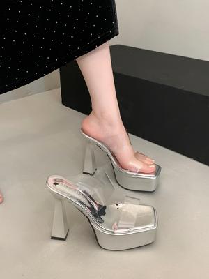 Fashion Transparent Slippers Women Luxury Shoes Platform Square Heel Heeled Mules Slides Designer Block High Sexy Pumps Fashion Super