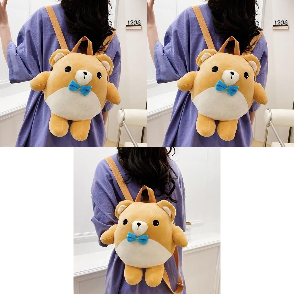 Cute Yellow Plush Cartoon Bear Backpack Soft Velvet Material Zipper Closure Phone Pocket