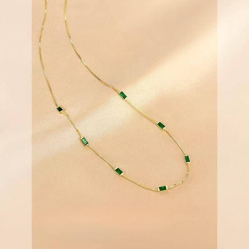Vin14K Gold Plated Dainty Green Rectangle Cubic Zirconia Necklace Thin Snake Chain Minimalist Daily Choker Neck Jewelry for Women
