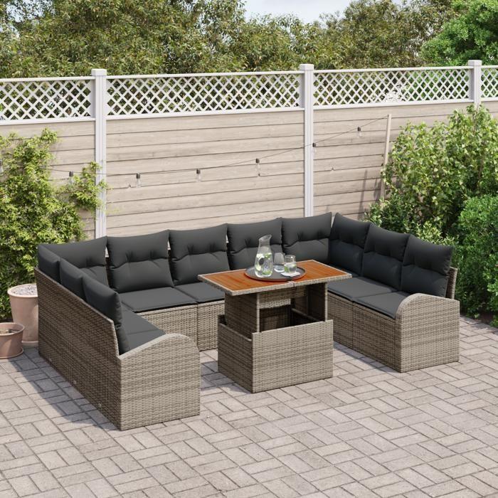VidaXL Ensemble de salle à manger de jardin de 10 pièces avec coussins en gris poly rotin et acacia 3349628