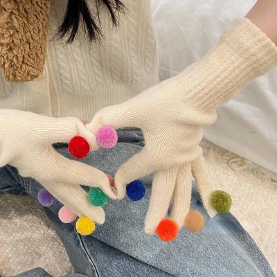 Warm Fuzz Ball Five Finger Gloves Knitted Touch Screen Protective Finger Gloves Female