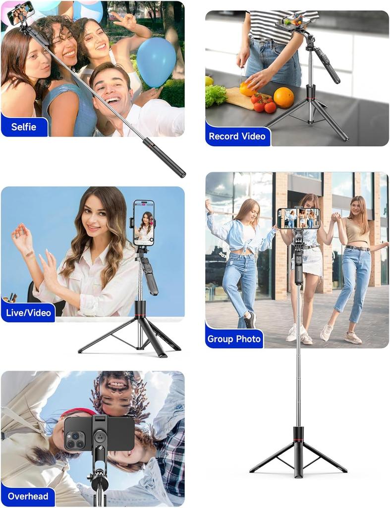 F16 Selfie Stick Tripod with 1708mm Long 8-Section Pole, Bluetooth Remote, 360° Rotation, 1/4 Interface, for Phone Camera Vlog
