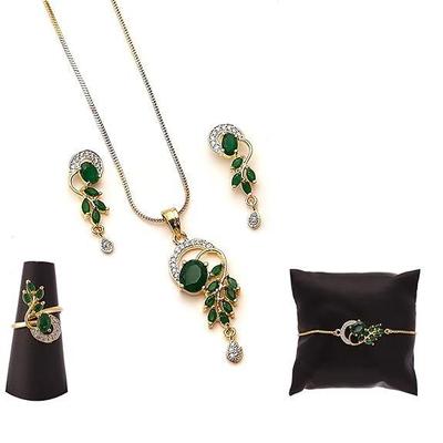 Jewellery Set American Diamond Gold Plated Traditional Style Necklace Pendant Set, Ring, Bracelet with Earring Jewellery for Women and Girls