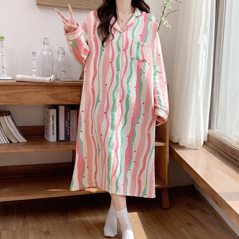 Umstandspajamakleid aus Luftbaumwolle für Herbst/Winter - Übergröße für pränatale, Krankenhaus- und postpartale/Stillzeit-Nutzung