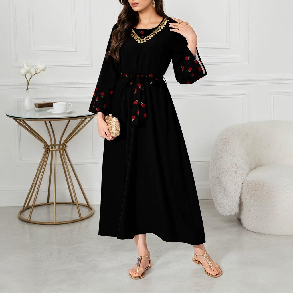 European and American large-size autumn new temperament elegant square collar printed long-sleeved medium and long dress