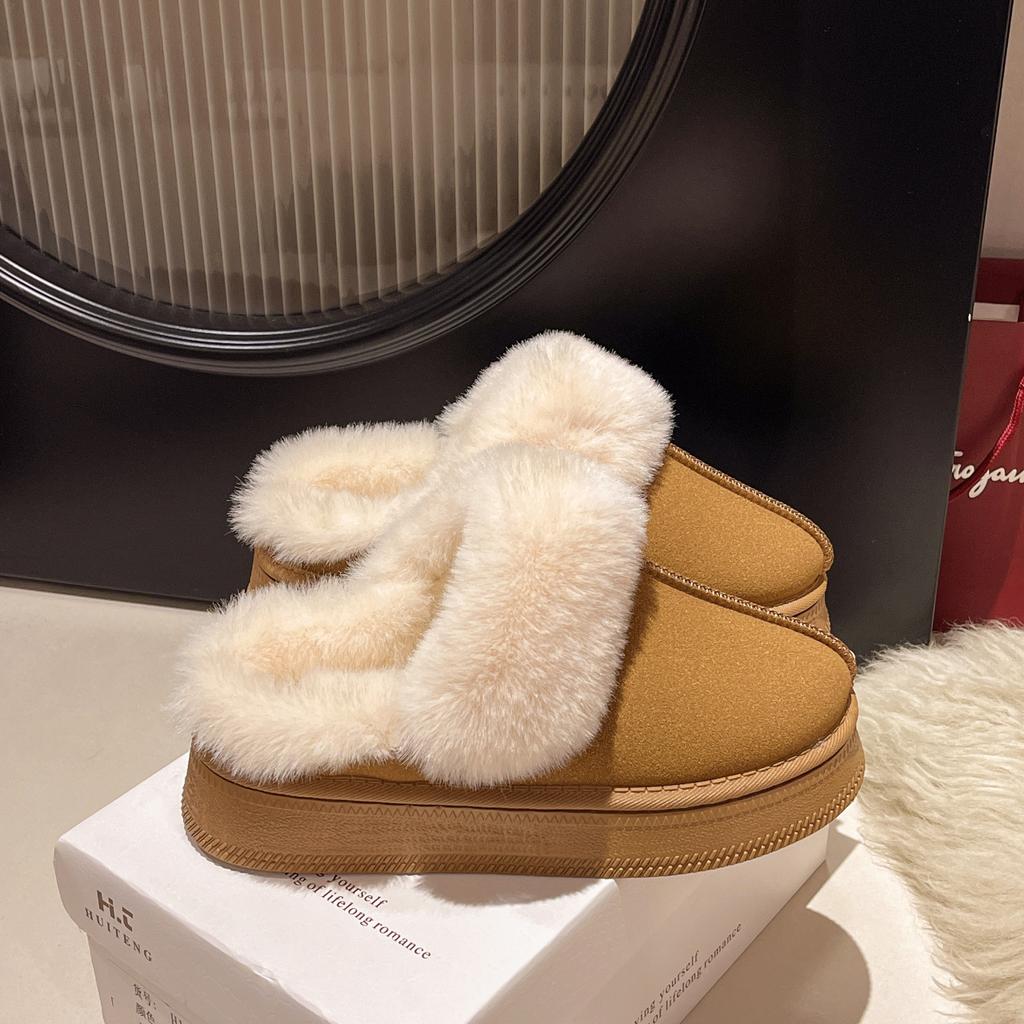 Thick-soled Outer Slippers 2024 Autumn and Winter New Korean Version Piled Thickened Cotton Slippers Round Head Fluffy Slippers Snow Boots
