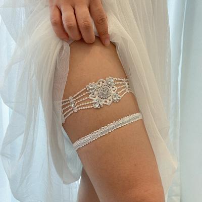 Strumpfband für die Hochzeit, 2 Stück/Set, weiße Spitze, Kristalle, sexy Strumpfbänder, Damen/Frauen/Braut, Oberschenkelring, Brautkleid, Andenken-Strumpfband