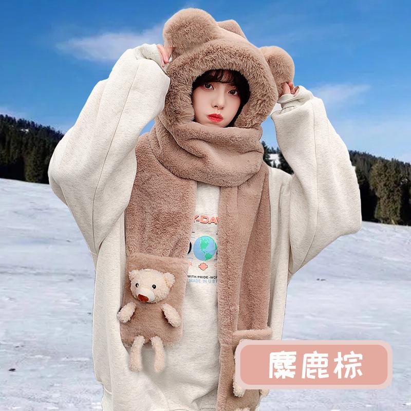 Cute winter bear hat scarf integrated hooded three-piece set women's winter plush gloves ear protection hat