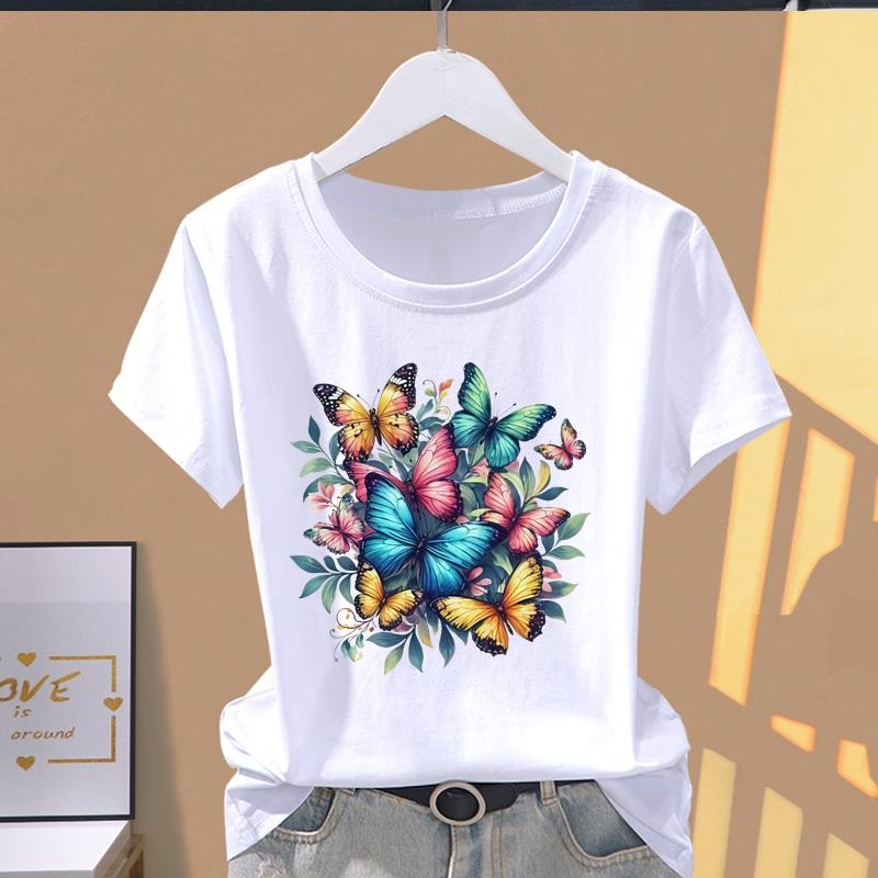 (Asian Size) watercolor flower cute Casual T Short Sleeve T-shirts Women's Top Print O-neck Fashion Female Clothing Graphic Tee