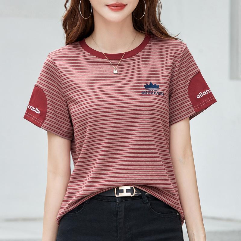 Women's Summer New Stripe Loose Casual Round Neck with Foreign Style Short Sleeved Top