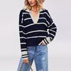 Autumn and Winter Women's Clothing New Fashion Splicing Striped Sweater Lapel Loose Large Size Knitted Sweater Women