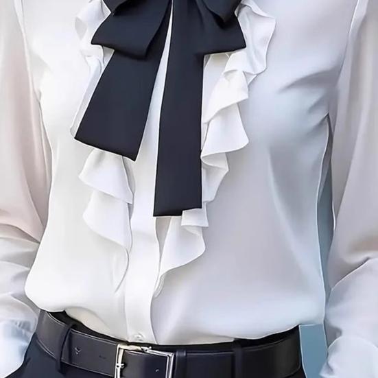 Automne Chemise Femme Revers Nœud Volants Design Manches Longues Chemise Hauts Fermeture Boutons Coupe Polyvalente Chemise Port Quotidien