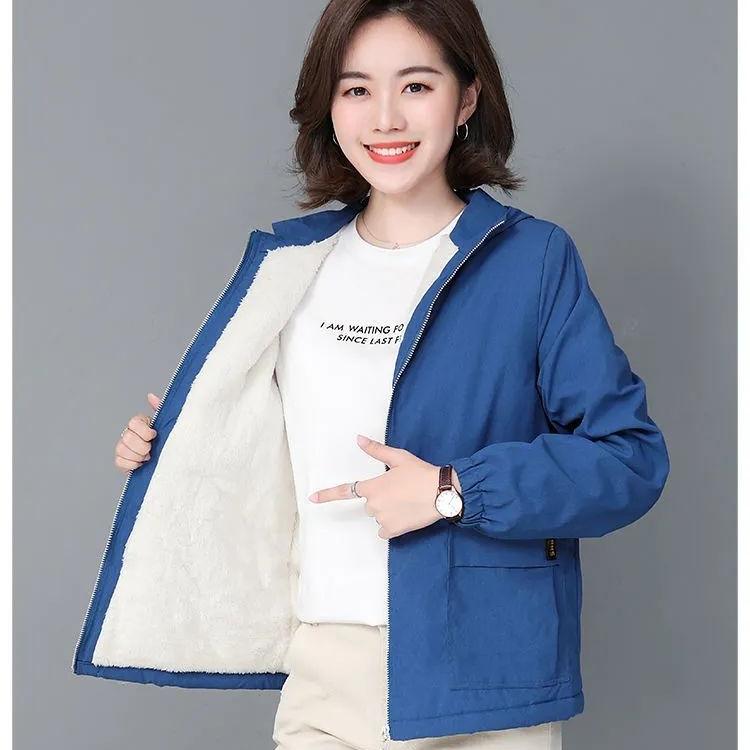 Women's Fleece Jacket Autumn Winter Short Thick Warm Zipper Jacket Loose Women's Hooded Coat Plus Size