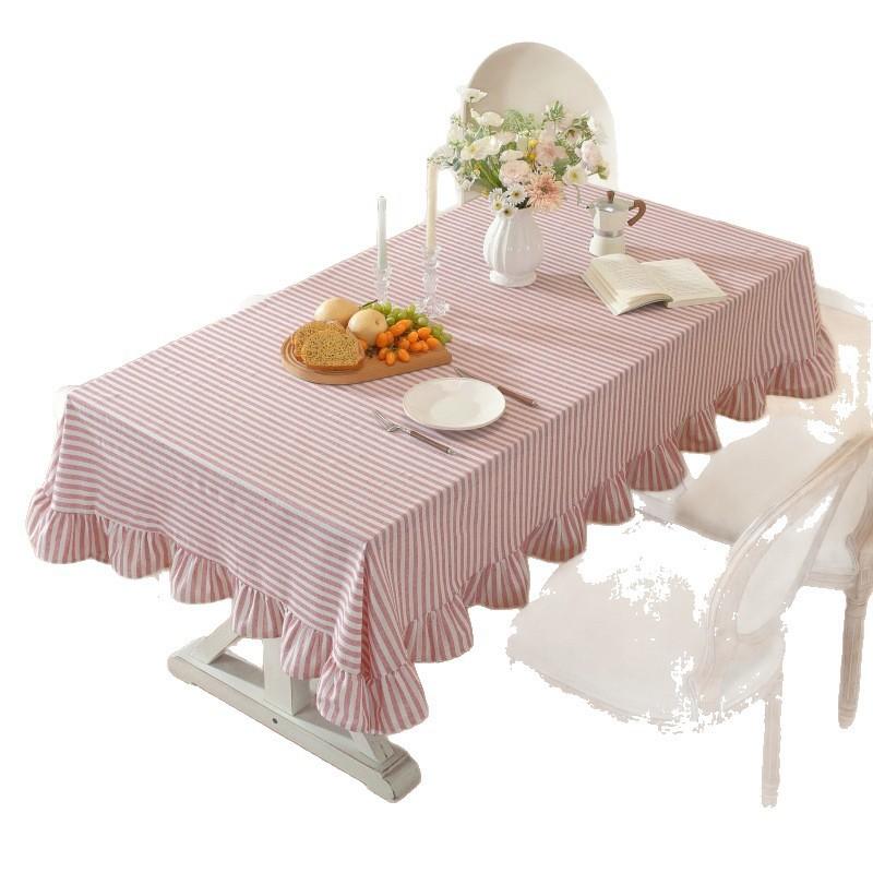 Striped Cotton Tablecloth With Ruffled Hem Dining Table Square Round Decorative Home Kitchen
