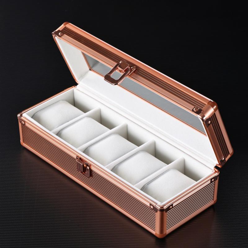 Aluminum Alloy Watch Box with Transparent Lid, 5 Slots, Multiple Colors