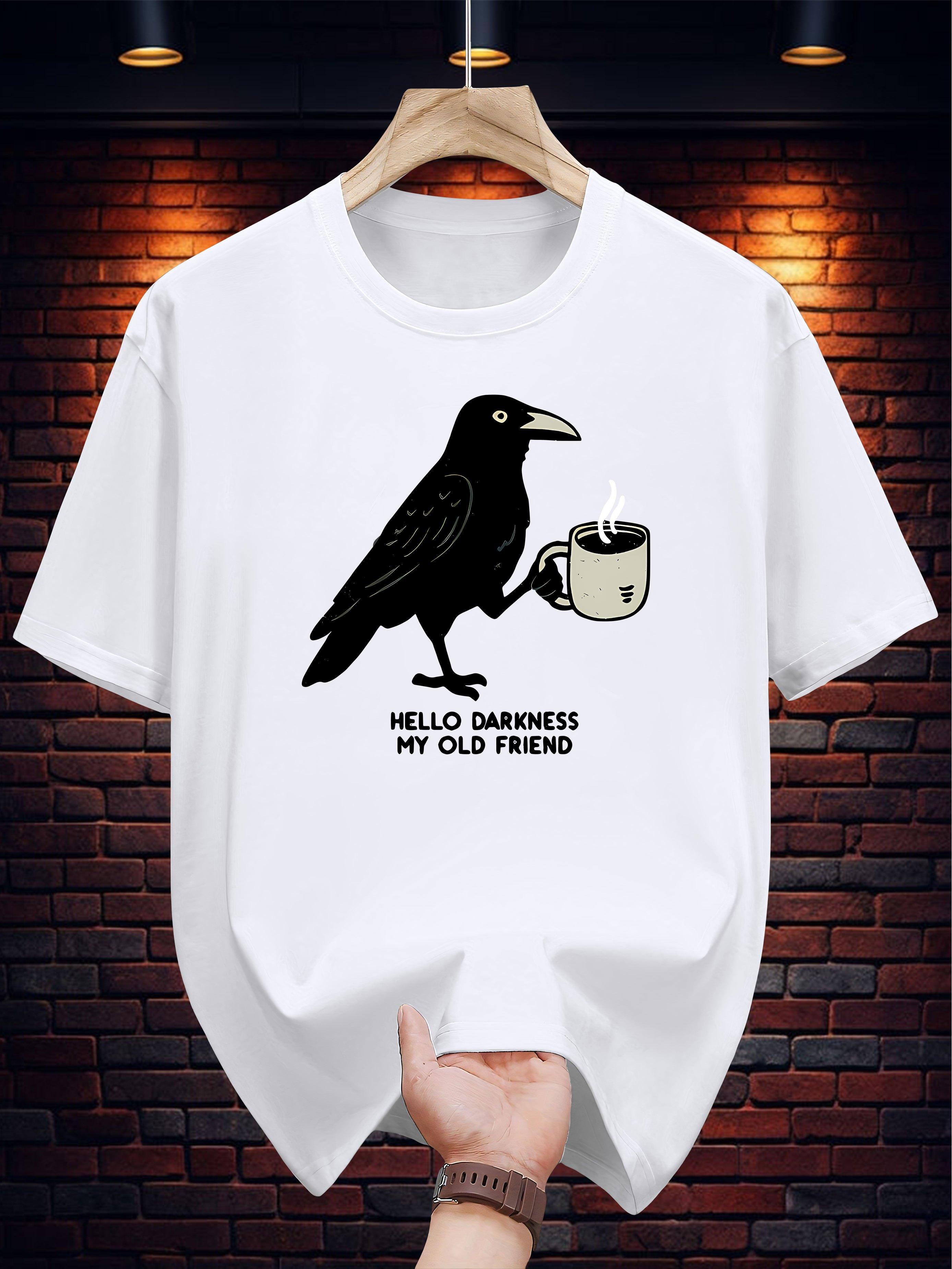 Graphic T-shirt - Black Casual Short Sleeve Tee with  Hello Darkness My Old Friend  Crow & Coffee Cup Print XL
