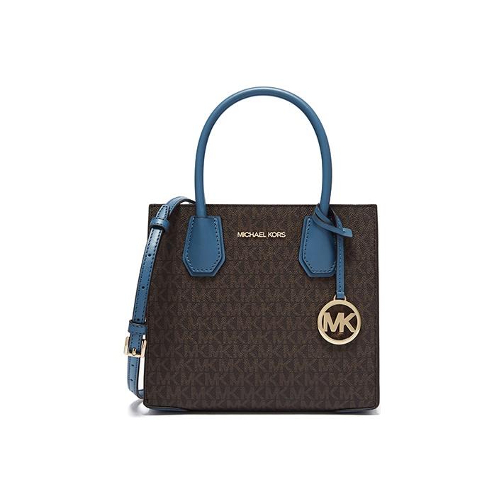 Michael Kors MK Mercer Classic Monogram Color Block Accordion Bag Women Handbags Dark-Brown Blue 35S1GM9M2B-538 Basic Set (Bag+Dust Bag)