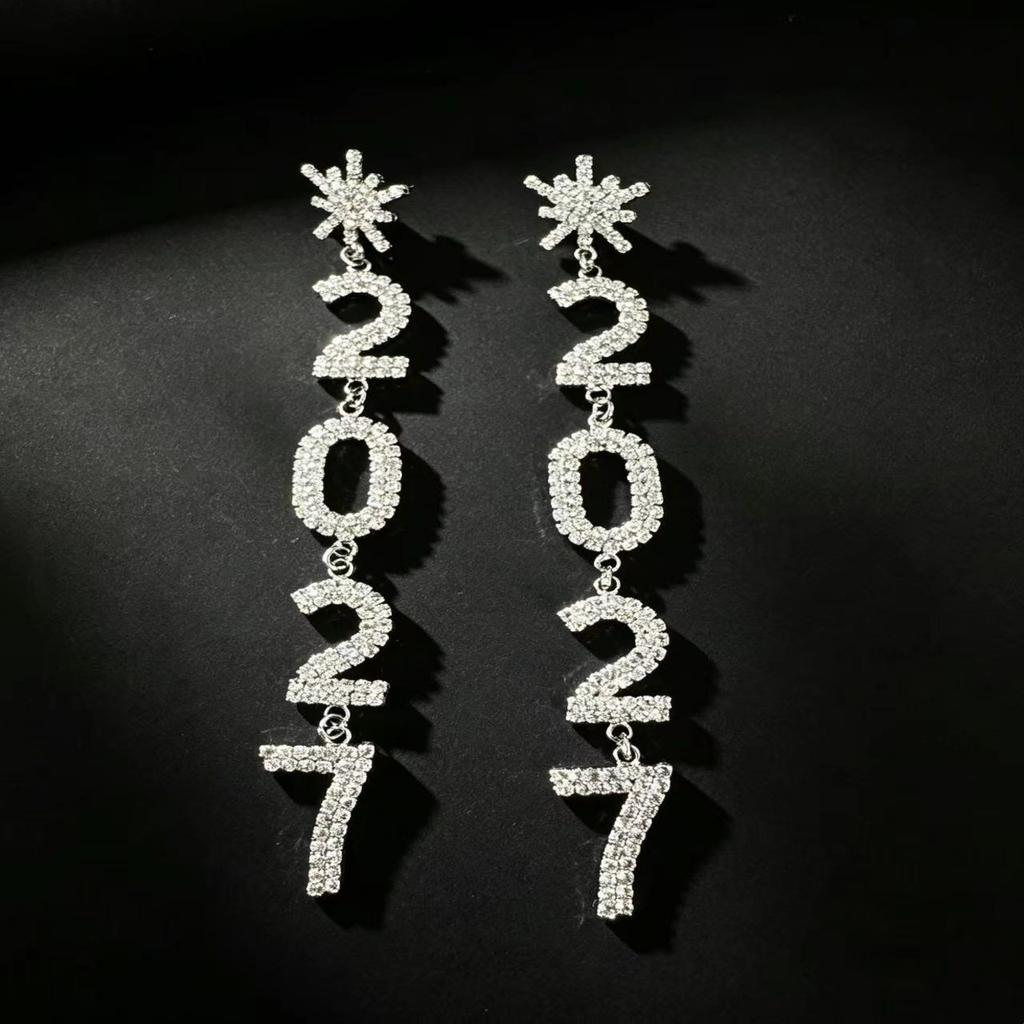 Sparkling 2027 Number Rhinestone Earrings for Women New Year Party Dangle Drop Earrings Fashion Jewelry Gift