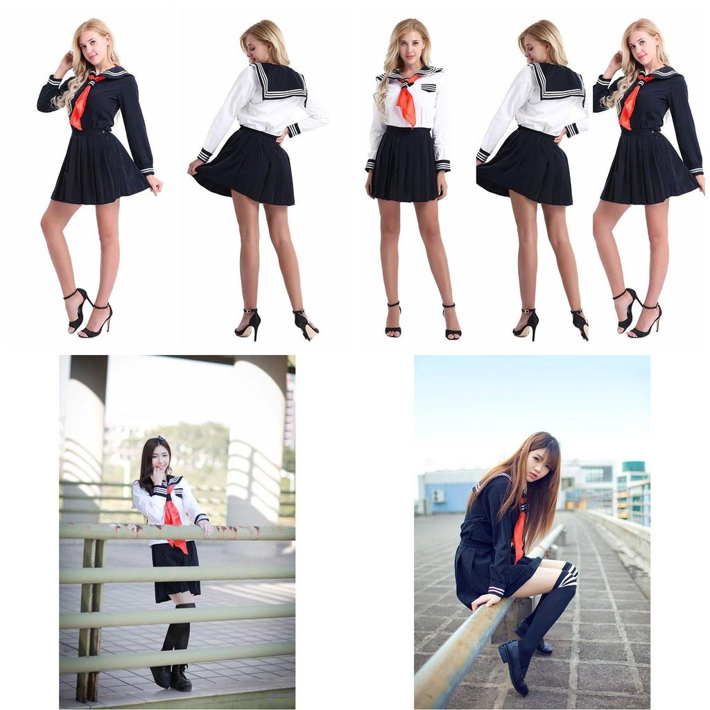 Elegant Women's Long Sleeve School Girl Uniform Sailor Dress For Cosplay Enthusiasts
