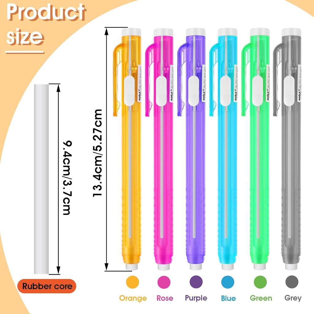 12 Pcs Erasers Pen-Style Set, Durable 6 Retractable Click Eraser Pen Shell + 6 Eraser, Good Cleaning Effect Erasers for Kids Students Artist Painting