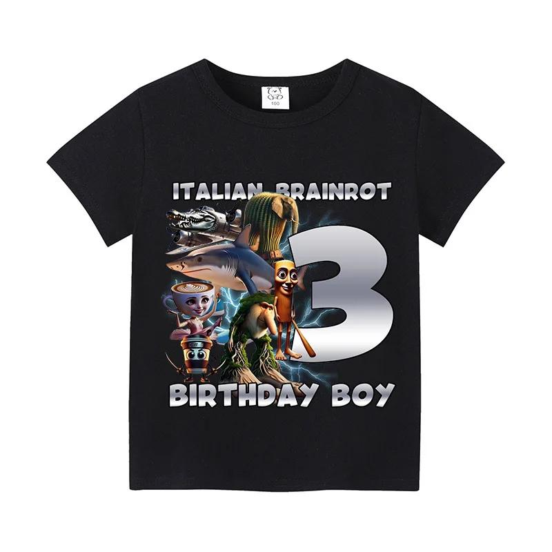 Italian Brainrot Shirts Birthday Number Short Sleeve T-Shirt Boy Cute Clothes Kid Cotton Anime Top Cartoon Digital Baby Tee Gift