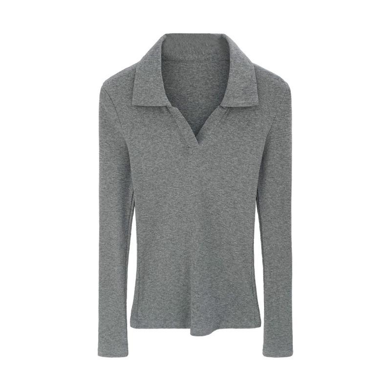 Super Flattering Slim Fit Grey Lapel T-Shirt for Petite Women, Autumn/Winter 2025