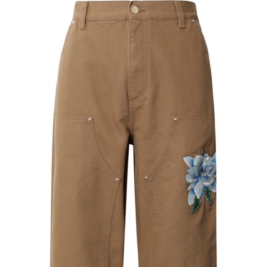 Carhartt WIP Pantaloni Casual Ricamati Floreali Larghi Collaborazione X Awake NY SS23 Pantaloni Unisex Kaki I031716-07R-02