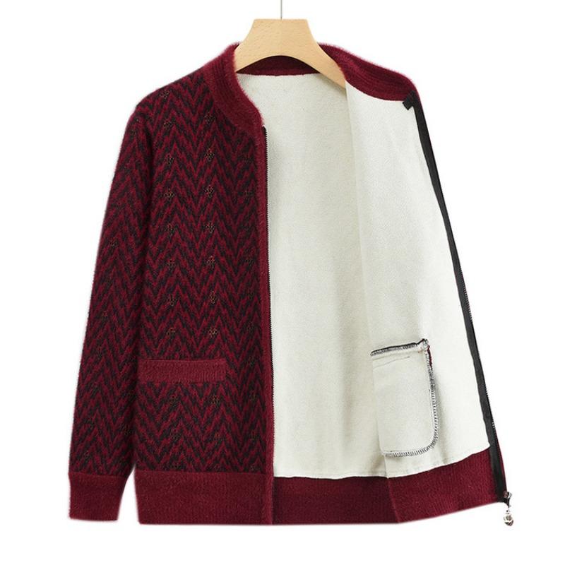 Mom autumn and winter crew neck cardigan fleece thermal top medium and old loose casual comfortable grandma coat