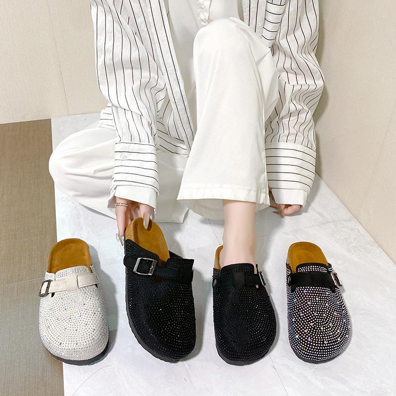 Large Size Bag Head Slippers Women's New Thick-soled Casual Belt Buckle Muller Shoes Rhinestone Lazy Slippers