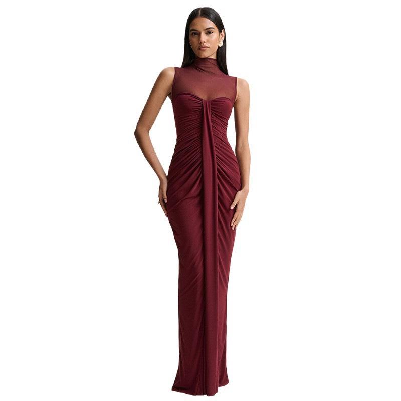 Elegant High Neck Sleeveless Slim Fit Long Dress with Mesh Splice and Ruffles for Women - Spring/Summer 2026 Collection
