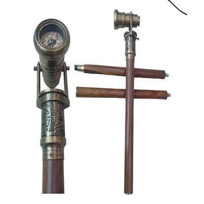 Brass Walking Stick with Victorian Telescope Compass Handle Foldable Steampunk Wooden Cane for Men and Women