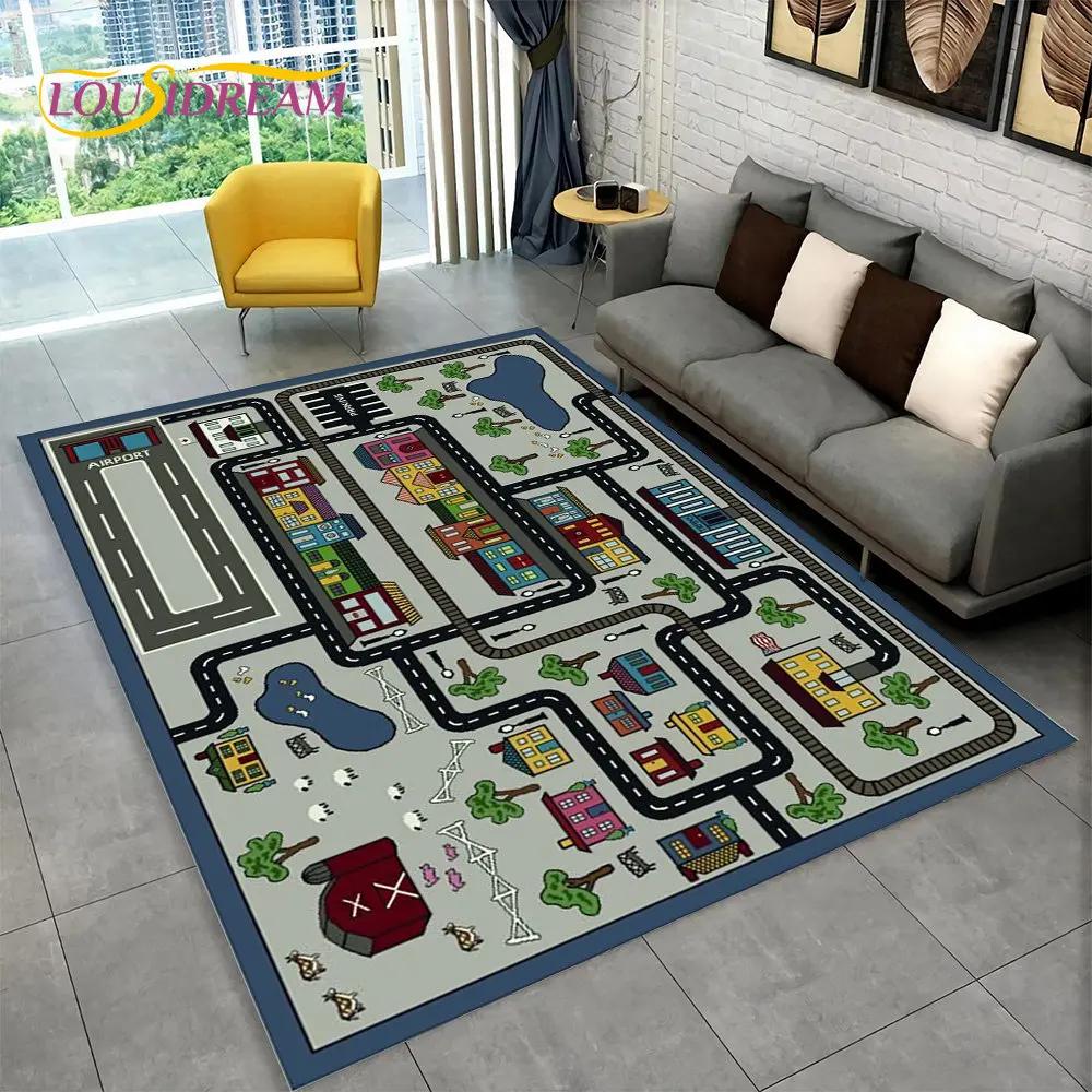 Highway City Traffic Cartoon Area Rug,Carpet Rug for Living Room Playroom Children's Bedroom Decor,Kid Game Non-slip Floor Mat