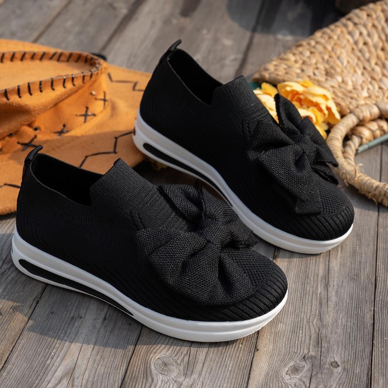 Fashion Mid-heel Flat Single Shoes New Summer Round Head Deep Mouth Net Fabric Butterfly Knot Soft Sole Non-slip Cloth Shoes