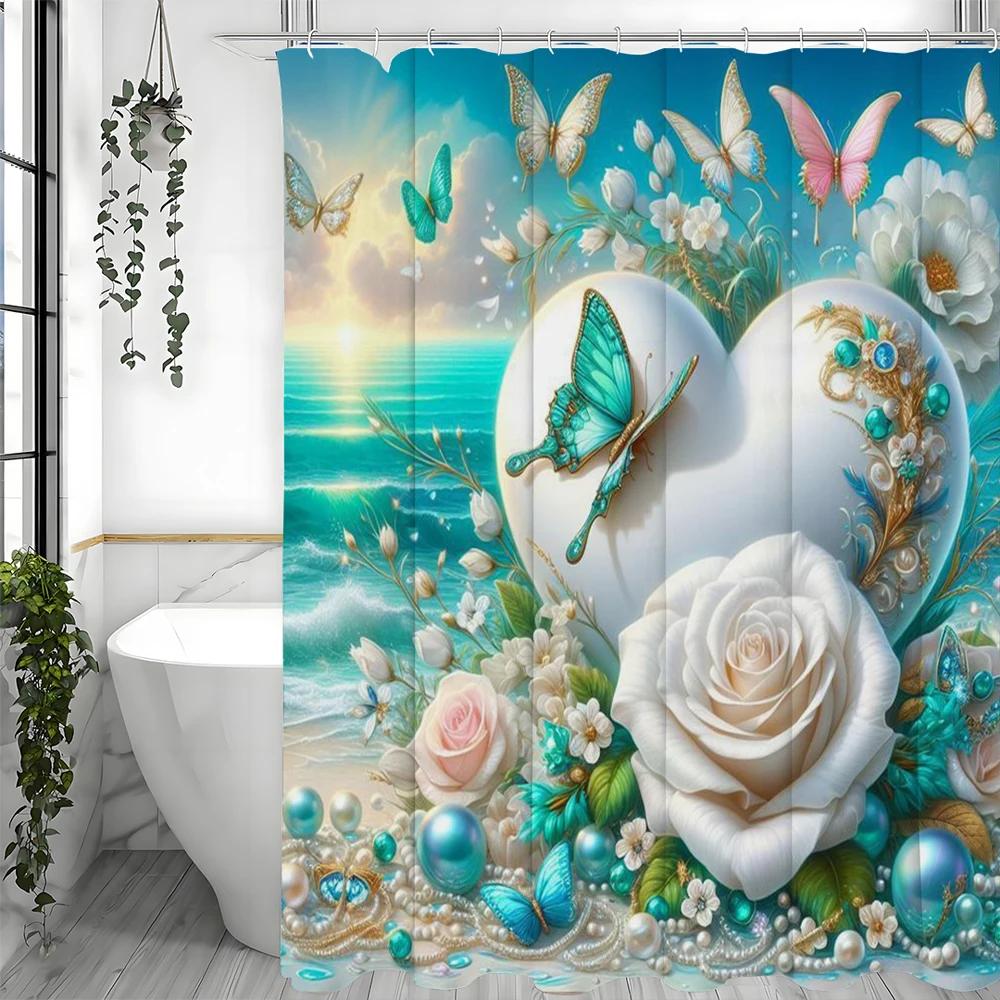 

Elegant White Rose And Butterfly Shower Curtain With Soft Pastel Background For A Romantic Bathroom Decor W60H190(CM)-1 Pcs