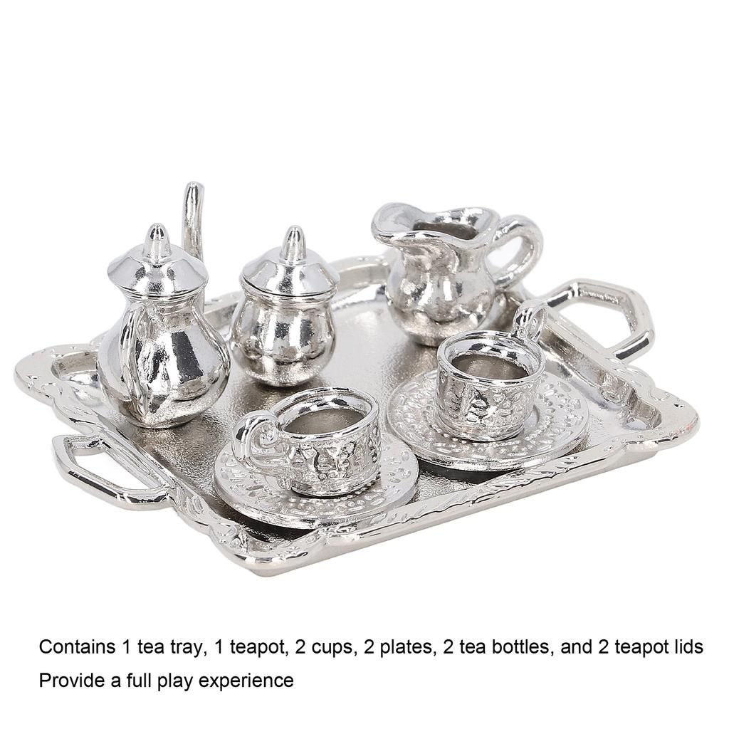 Mini Tea Set Metal 1/12 Scaled Simulation Lifelike Miniature Tea Cup Tray Kit for Dollhouse