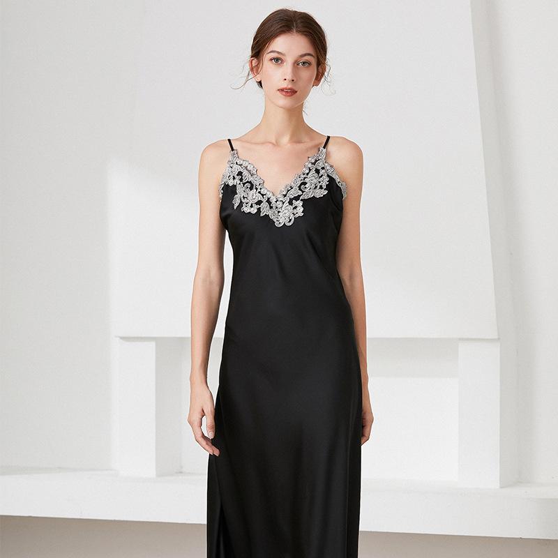 

Women s Sexy Lace V-Neck Imitation Silk Pajamas with Long Camisole Nightgown XL